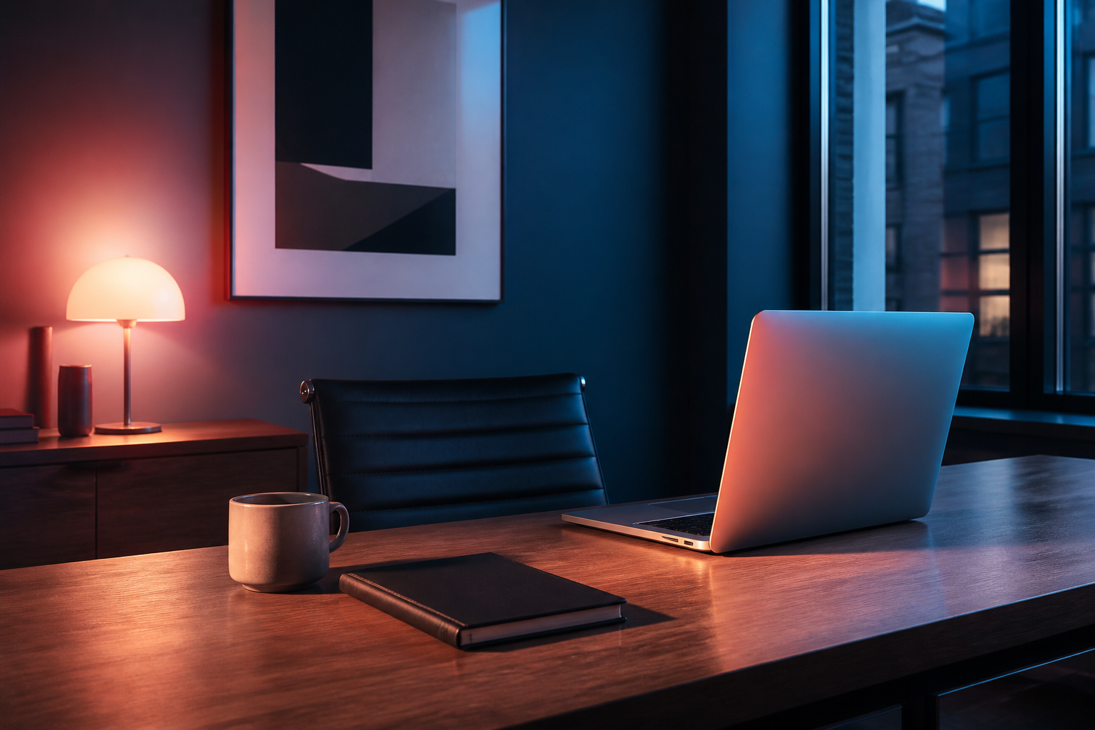 Quiet studio desk at dusk